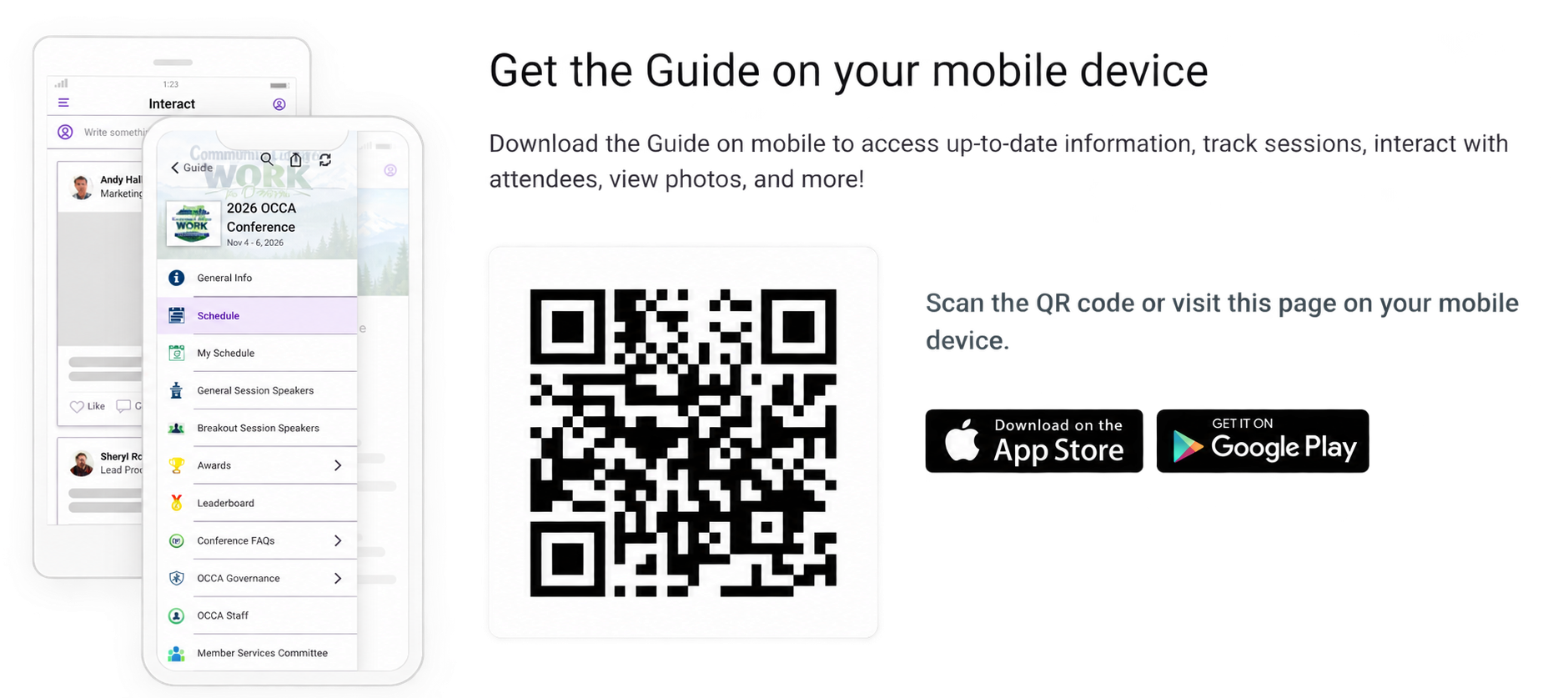 2026 OCCA Conference mobile guide with schedule and speaker information. Scan the QR code to download the app from the App Store or Google Play.