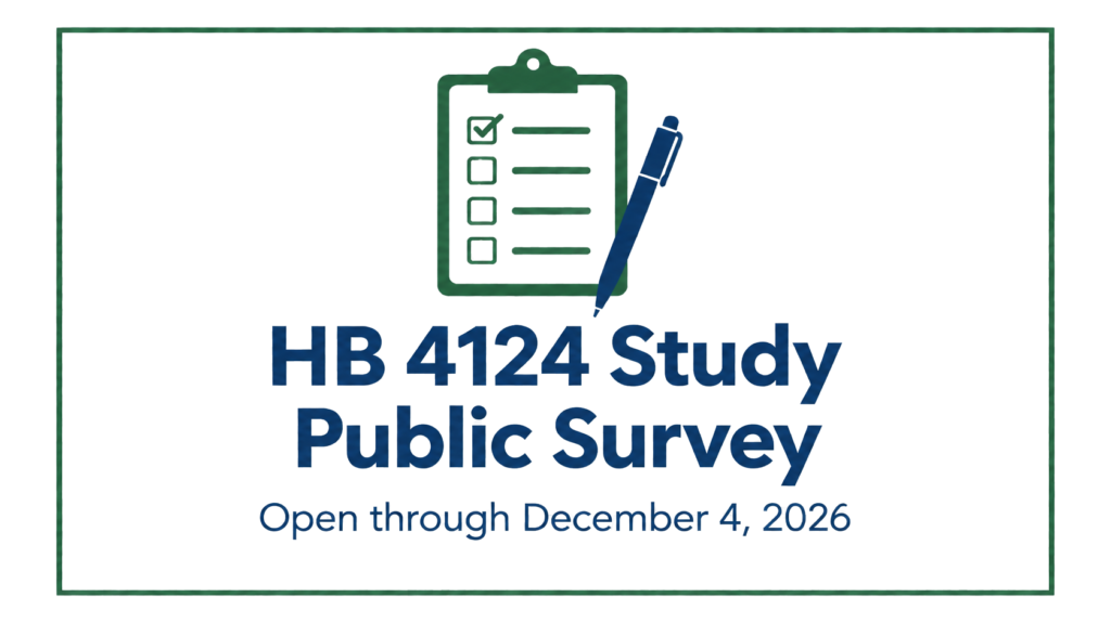 HB 4124 Study Public Survey. Open through December 4, 2026. A clipboard with four checkboxes and a pen appears above the text, enclosed by a green border.