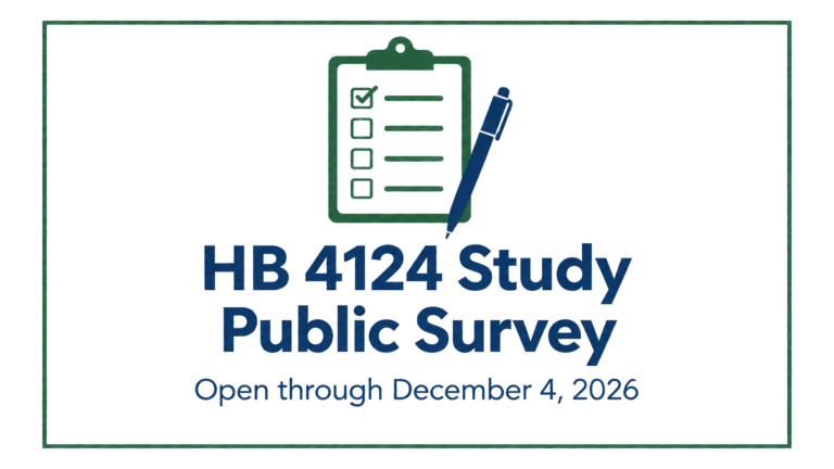 HB 4124 Study Public Survey. Open through December 4, 2026. A clipboard with four checkboxes and a pen appears above the text, enclosed by a green border.