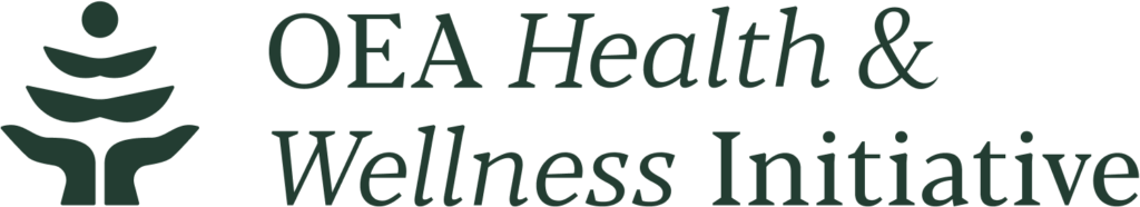 OEA Health & Wellness Initiative logo featuring dark green text and a stylized human figure with outstretched arms beneath a circular head.